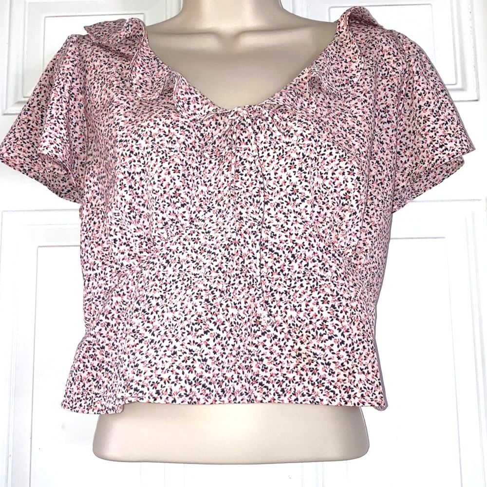 LEVIS San Francisco Pink Ditsy Floral Ruffle Crop Top Flutter Sleeve Large